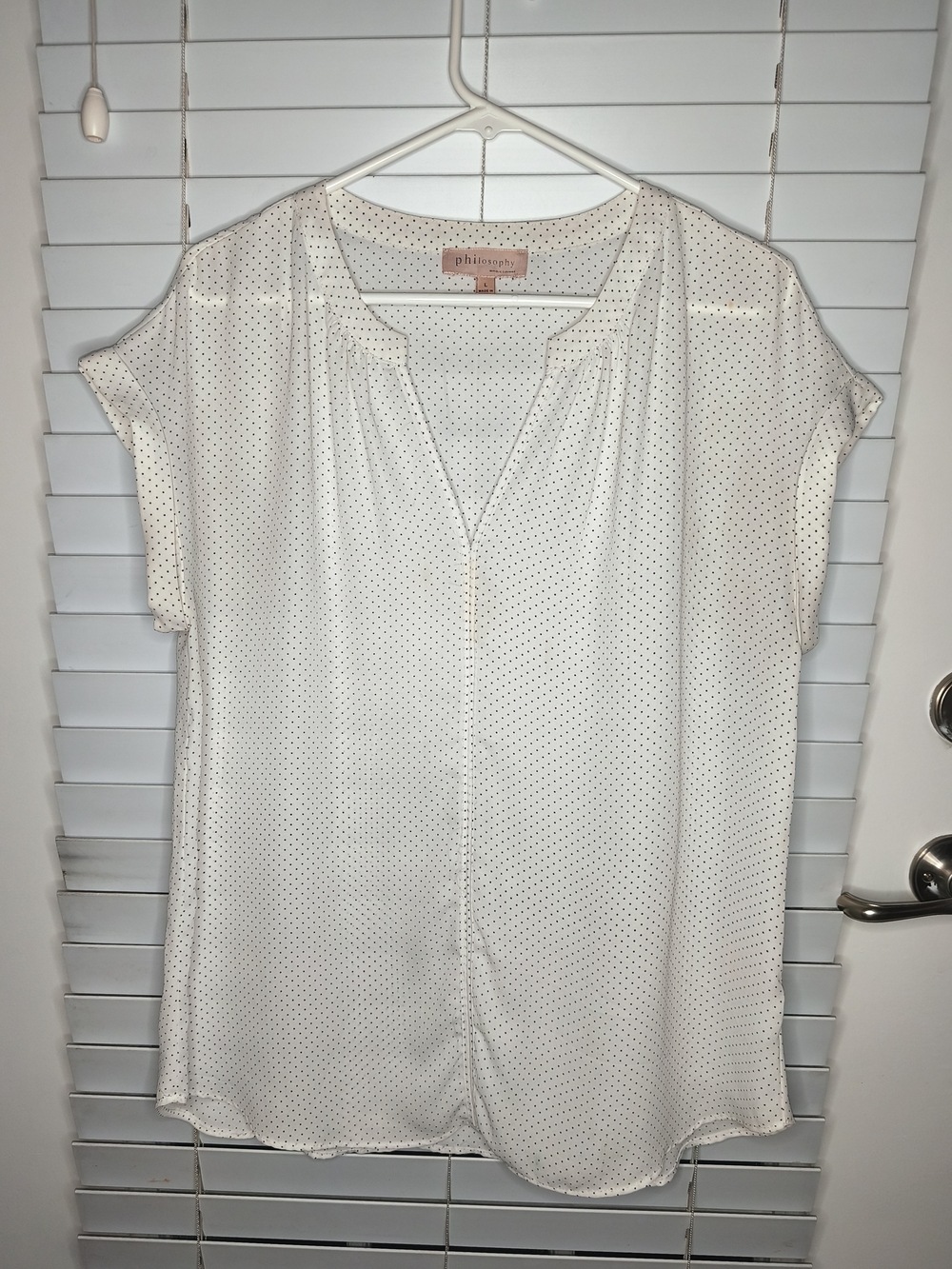 Philosophy Republic Women's Blouse Size L White Polka Dot Print Short Sleeve